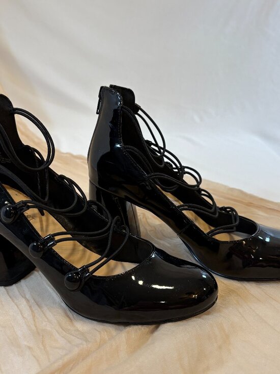 Nine West Women's Shiny Black Patent Leather Block Heeled Pumps Size 7M - Picture 1 of 9